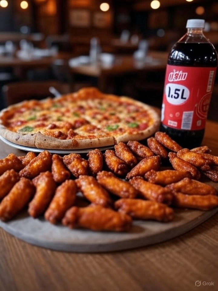 1 Large pizza ,10 Peice of hot wings,1.5 liter drink 1 Large pizza ,10 Peice of hot wings,1.5 liter drink