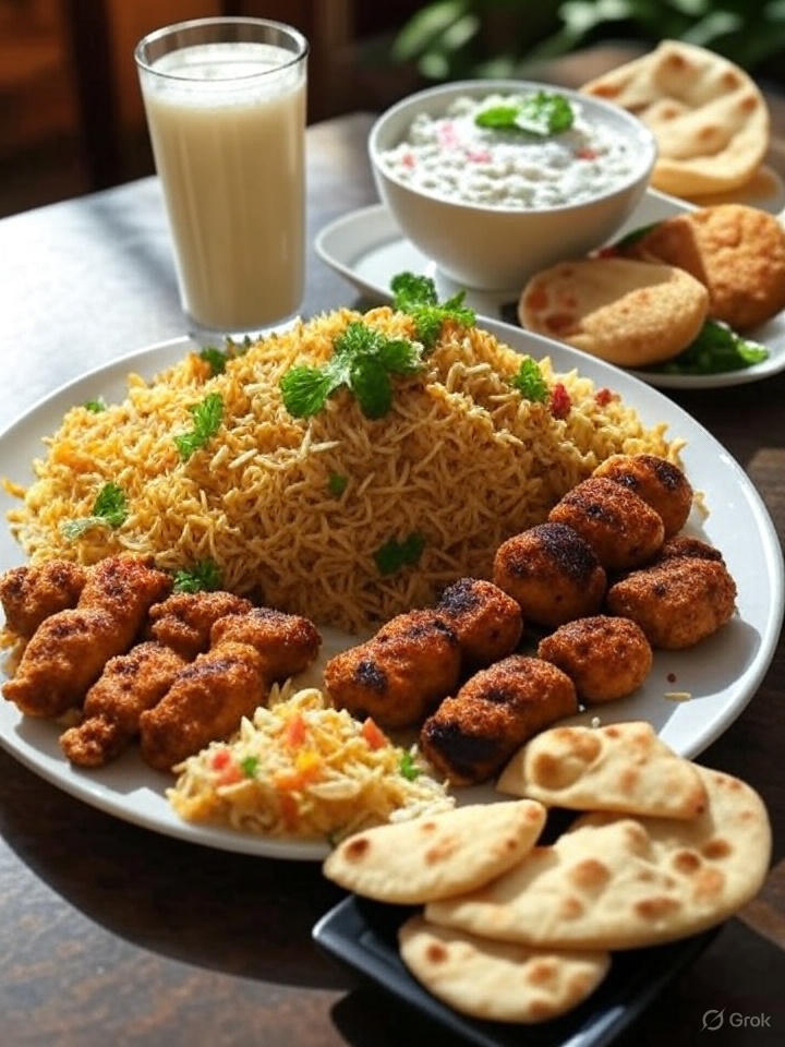 Biryani,Half chciken kharahi,1 Malai boti,1 tIKKA BOTI,4 Peice chciken kabab, 4 Rogani  Nan,1 liter drink,Rrita,Salad Biryani,Half chciken kharahi,1 Malai boti,1 tIKKA BOTI,4 Peice chciken kabab, 4 Rogani  Nan,1 liter drink,Rrita,Salad